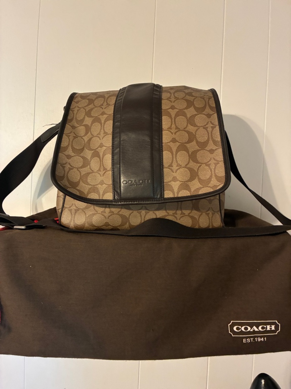 Coach Brown and Tan Signature Canvas Messenger Bag with Black Trim